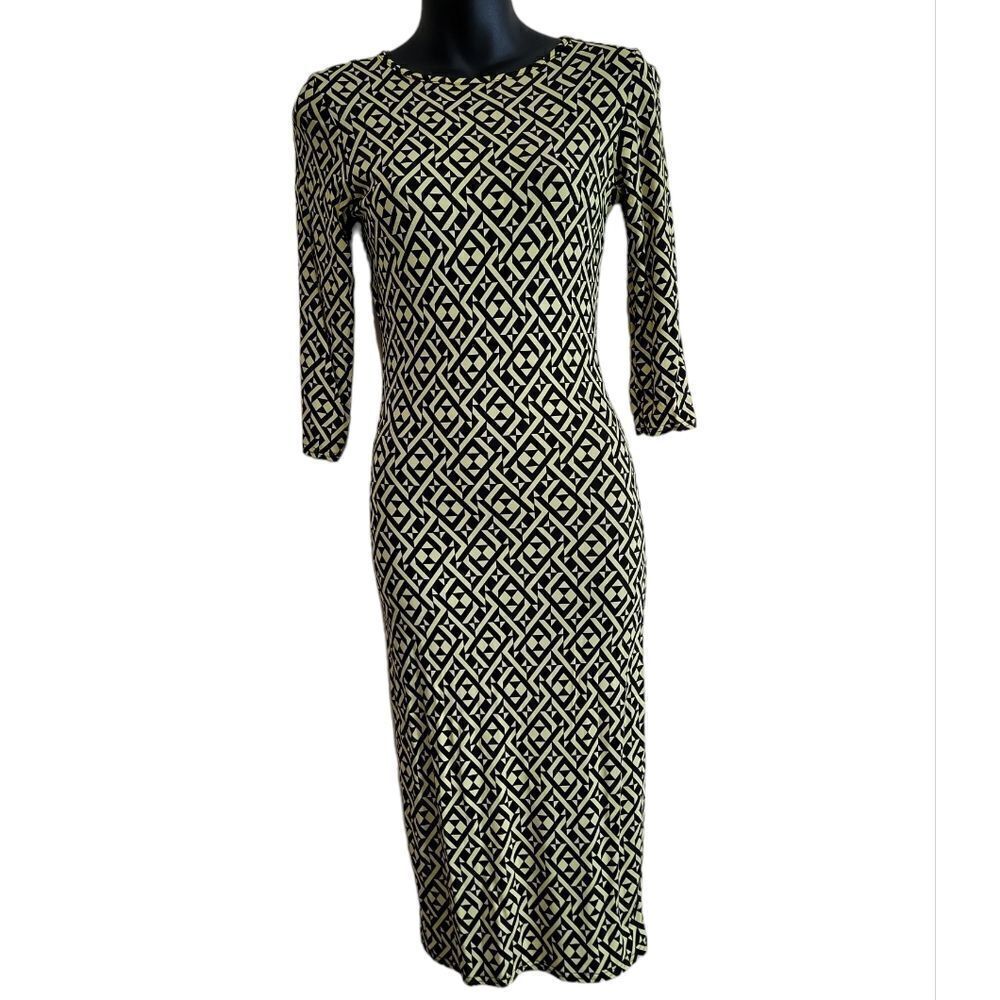 Yellow and Black Sheath Midi Dress with Cuffed 3/4 Sleeves